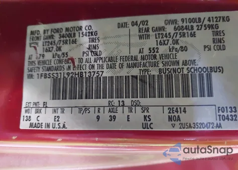 2002 Ford E-350 Super Duty Xl/Xlt из США, поврежденный, VIN 1FBSS31L92HB13757